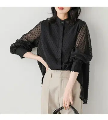 도트 무늬 시스루 긴팔 셔츠 시어 블라우스