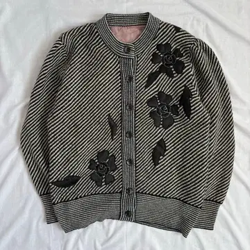 빈티지 가디건 꽃 자수 다이애그널 스트라이프 레트로 두꺼운 원단 M