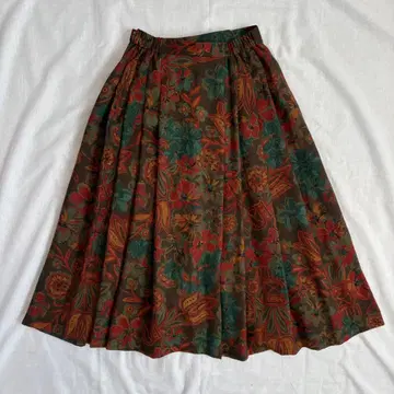 새상품급 롱 스커트 A라인 플리츠 꽃무늬 빈티지 레트로 브라운