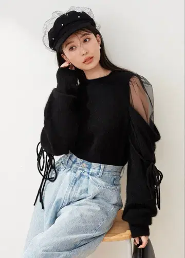 시스루 숄더 니트 풀오버 블랙