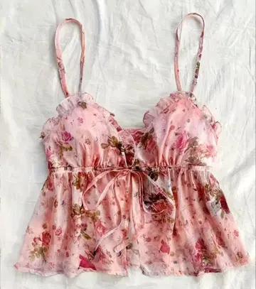 꽃무늬 쉬폰 블라우스 핑크 프릴 달린 탱크탑 (여름 봄용)