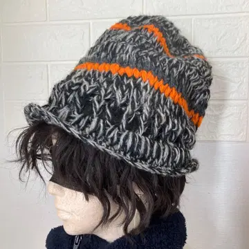 빈티지 니트 모자 블랙 오렌지 스트라이프