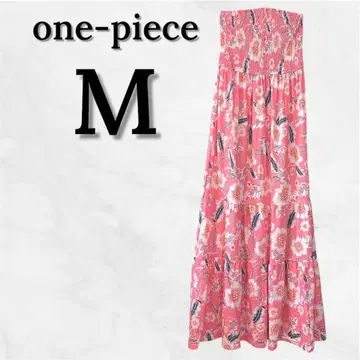 롱 원피스 [ M ] 핑크 꽃무늬 올 패턴 튜브탑 티어드 밴딩