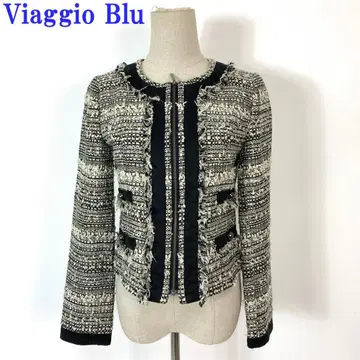 비아지오 블루 노카라 자켓 트위드풍 블랙 2 C5005