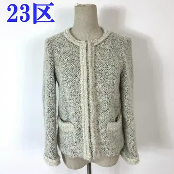 23구 노카라 자켓 화이트 트위드풍 양모 38 C5006