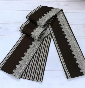 오비2 부쇼안 레이스 자수 반폭 오비 브라운 x 화이트 장척