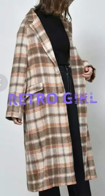 RETRO GIRL 페이크 울 체크 롱 코트 (브라운)