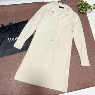 르네 니트 원피스 프릴 V넥 긴팔 36 아이보리