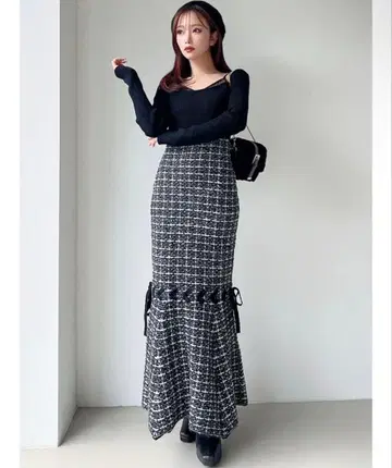 트위드풍 체크 무늬 롱 스커트