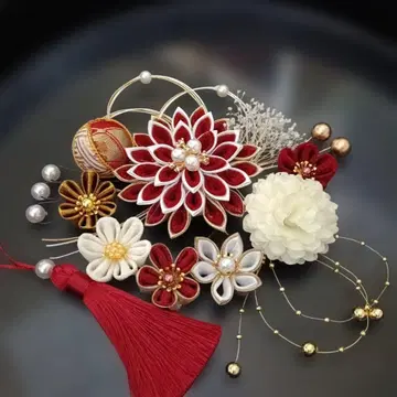 츠마미자이쿠 머리 장식 크림슨 컬러 성인식 결혼식 졸업식