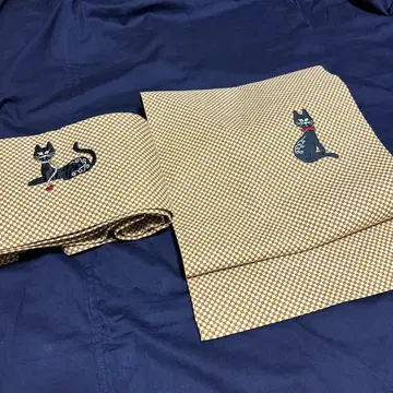 나고야 오비 검은 고양이 자수 브라운과 화이트 체크