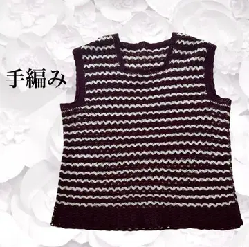 손뜨개질 베스트 [ F ] 보르도 와인 레드 니트 보더 스퀘어넥