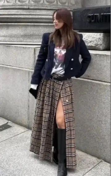 아클렌토 볼륨 랩 체크 롱 스커트