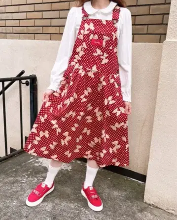 핑크하우스 도트 리본 오버롤 스커트 레드 새상품