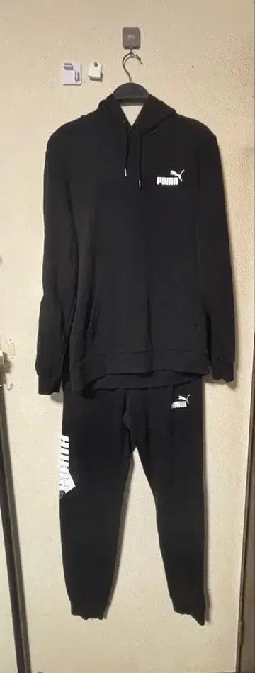 PUMA 블랙 후드 부착 맨투맨 셋업 L 사이즈