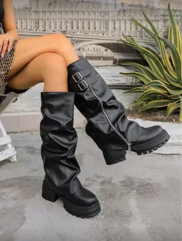 블랙 통굽 롱 부츠 트렌드 24cm
