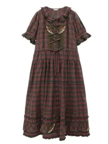 핑크하우스 딸기 자수 체크 무늬 롱 원피스 그린