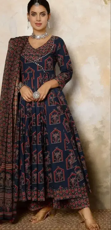 인도 라자스탄 코튼 쿠르타 세트 두파타 (숄) 포함