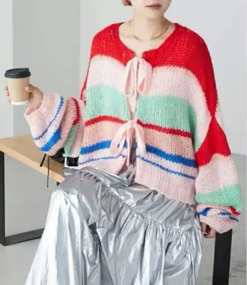 [ forksy. ] 모헤어 멀티 보더 볼륨 슬리브 가디건