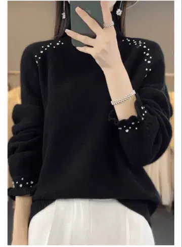 골격 웨이브 비쥬&펄 장식 프린세스 슬리브 니트 상의