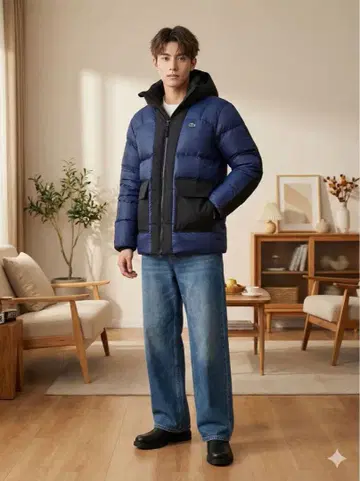 [ 새상품급 ] Lacoste LIVE 후드 부착 다운 자켓 네이비