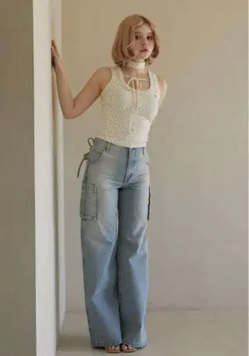 andmary Back ribbon denim cargo pants