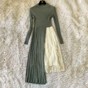 LOVELESS 레이스 절개 리브 니트 플리츠 롱 원피스