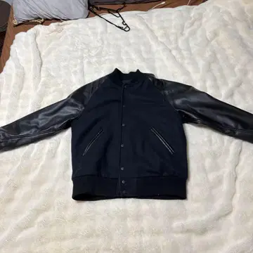 네이비 바시티 자켓 울 합성 피혁