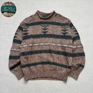 네이티브 무늬 롤넥 니트 스웨터 브라운 그린 울 코튼