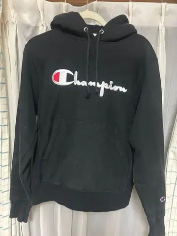 Champion 블랙 후드티 후드 부착 리버스 위브