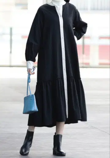 Ray BEAMS 바이컬러 개더 원피스 블랙 즉일 발송