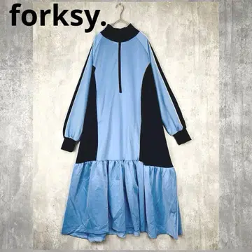 하프 지퍼 라인 배색 저지 원피스 스카이블루 봄/가을/겨울