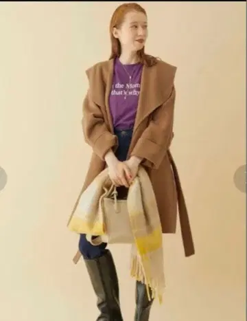 로페 하프 기장 숄카라 리버 코트 카멜