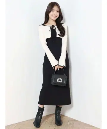 MERCURYDUO 3WAY 배색 스트랩 백 크로스 롱 슬리브 원피스