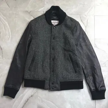 BEAMS x Harris Tweed 가죽 바시티 자켓 블랙 그레이 L