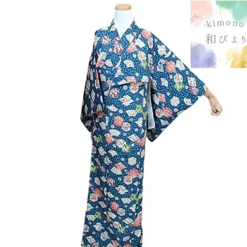 와 15 기모노 코몬 이중 기모노 형염색풍 꽃 부채 파랑