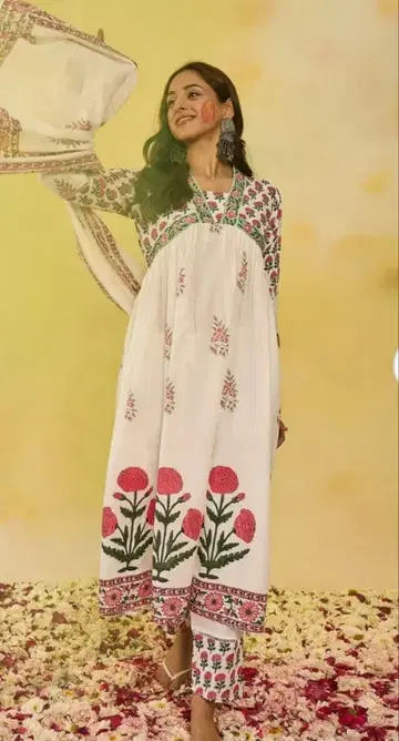 꽃 무늬 코튼 쿠르타 핑크 M