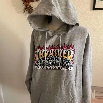 THRASHER 스컬 디자인 후드 부착 후드티 그레이 LL