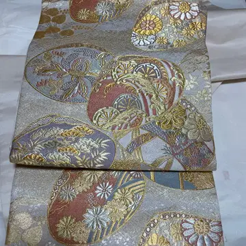 후쿠로 오비 조개 문양 꽃무늬 골드 컬러 은색