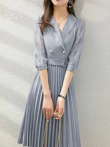 라이트 블루 더블 버튼 원피스