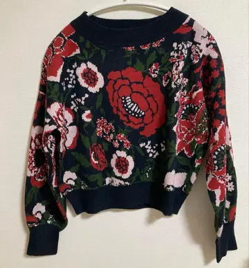 꽃무늬 크롭 긴팔 니트 스웨터 올 패턴