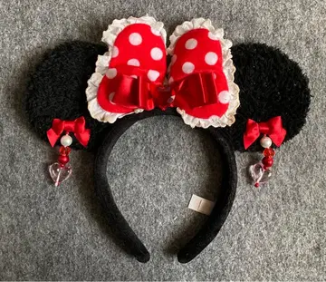 디즈니 머리띠 귀찌 빨간색 리본 미니 페어 도트 레이스