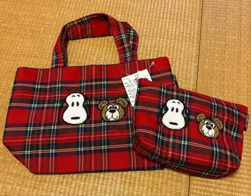 스누피 & 베어 체크 토트백 메이크업 파우치 세트