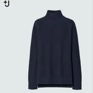 유니클로+J 프리미엄 라무 케이블 하이넥 스웨터 네이비 니트