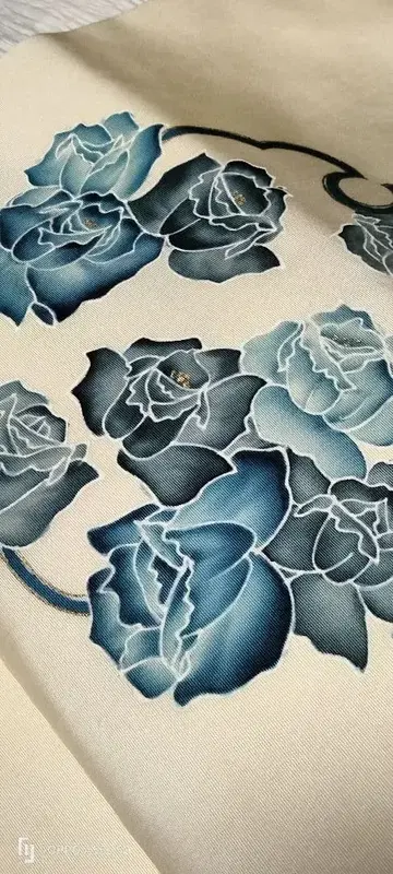 미색 바탕에 파란 장미 무늬 나고야 오비