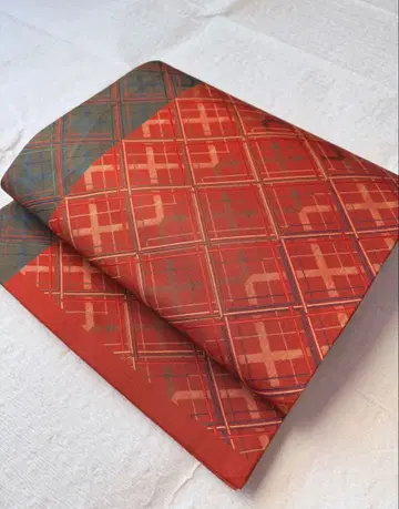 순수 실크 후쿠로 오비 전체 패턴 사선 격자 타탄 체크