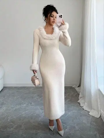 [ 새상품 ] Elenzga 화이트 니트 롱 원피스 퍼