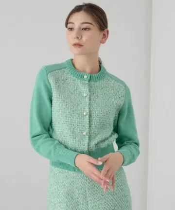 23SS ANAYI 그린 격자 무늬 트위드 가디건 36 펄 버튼