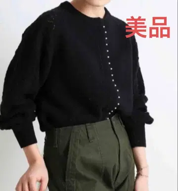 펄 장식 패턴 니트 가디건 블랙