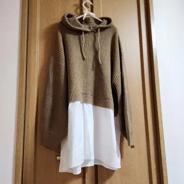 빅 사이즈 브라운 니트 뽕긋 소매 후드 부착 튜닉 원피스 L 2L 3L